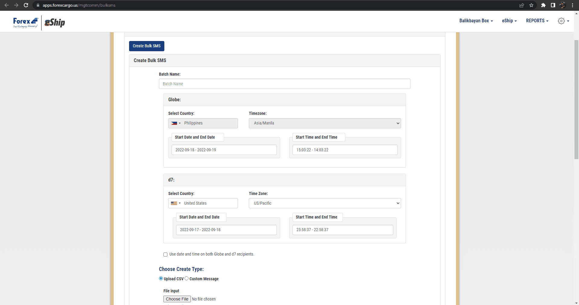 Bulk SMS Create